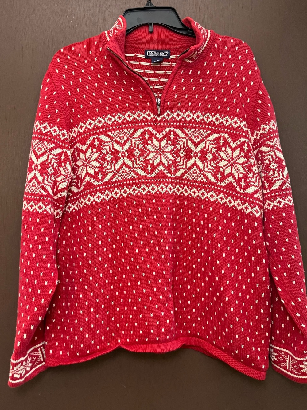 Lands End Fair Isle Style Sweater Red/White, Nordic Christmas, 1/4 Zip, Size L